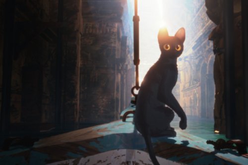 Kadr z filmu „Flow”. Kot na dziobie łodzi płynie szlakiem między budynkami.