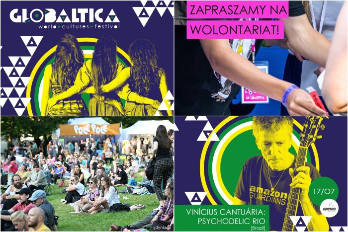 Kolaż zdjęć. U góry po lewej: grafika ze zdjęciem zespołu Sutari (fot. materiały prasowe). U góry po prawej: grafika zapraszająca do zgłoszeń na wolontariat podczas Globaltiki (fot. materiały prasowe). Na dole po lewej: publiczność podczas jednego z koncertów Globaltiki w 2024 roku (fot. Michał Puszczewicz). Na dole po prawej: grafika ze zdjęciem Viníciusa Cantuárii (fot. materiały prasowe)
