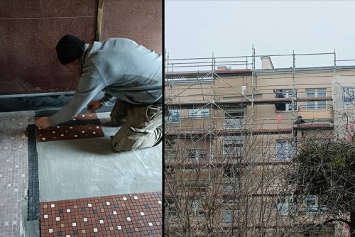 Częściowa rekonstrukcja historycznej posadzki w holu budynku przy ul. Świętojańskiej 126 i prace przy elewacji kamienicy przy ul. Świętojańskiej 32 (fot. Biuro Miejskiego Konserwatora Zabytków)