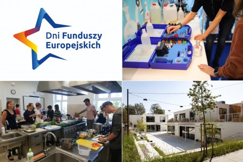 U góry po lewej: logo Dni Funduszy Europejskich (materiały prasowe). U góry po prawej: walizka z przyborami do eksperymentów chemicznych. Odczynniki w plastikowych butelkach (fot. materiały prasowe). Na dole po lewej: Kurs zawodowy w Zespole Szkół Hotelarsko-Gastronomicznych w Gdyni (fot. materiały prasowe). Na dole po prawej: Przystań Widna 2A (fot. materiały prasowe)