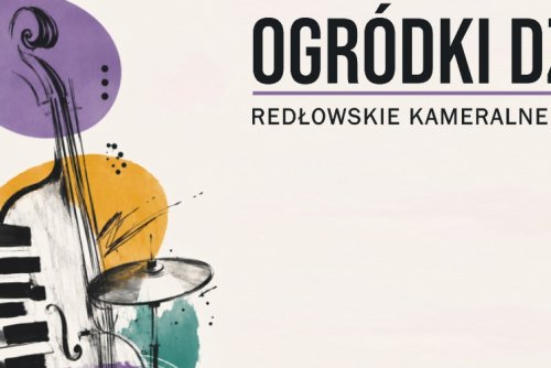 Plakat promujący koncerty w plenerze w Redłowie, artystyczny rysunek instrumentów.