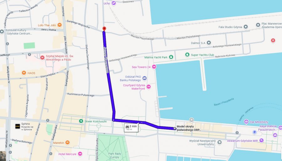 Mapa przedstawiająca dojazd do ORP Błyskawica, opisany w artykule