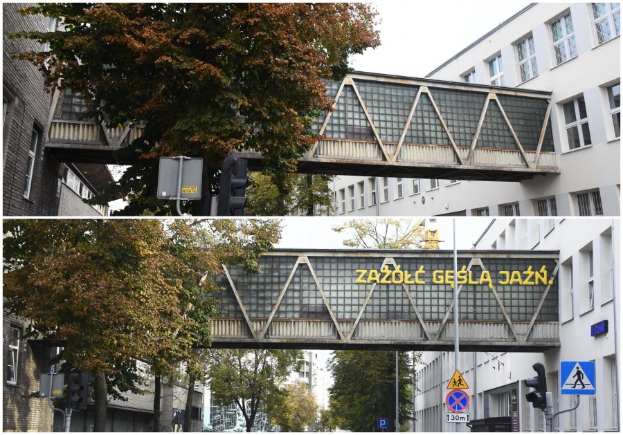 Żółty napis „Zażółć gęślą jaźń” prezentuję wszystkie znaki diakrytyczne wykorzystywane w języku polskim, fot. Jan Ziarnicki