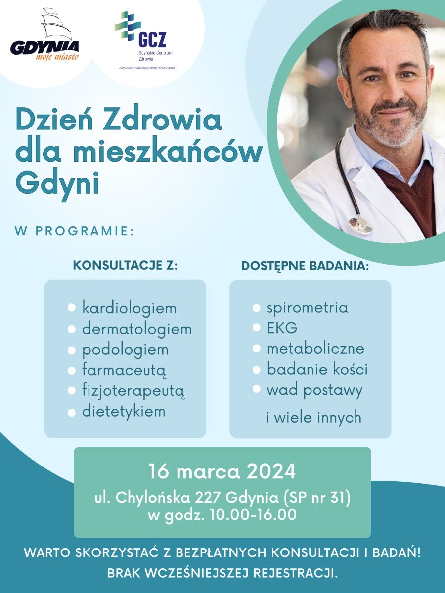 Plakat wydarzenia Dzień Zdrowia dla mieszkańców Gdyni. Zawartość plakatu w formie tekstowej - w artykule.