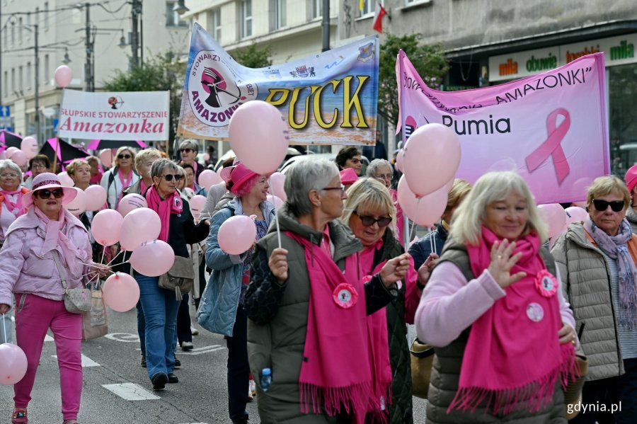 Uczestniczki Marszu R&oacute;żowej Wstążki na ul. Świętojańskiej 