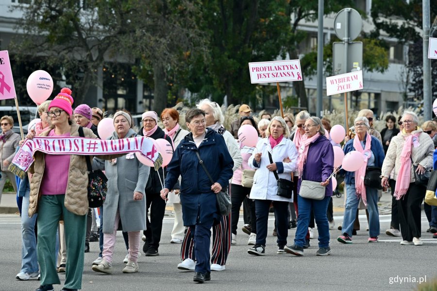 Uczestnicy Marszu R&oacute;żowej Wstążki na Skwerze Kościuszki 