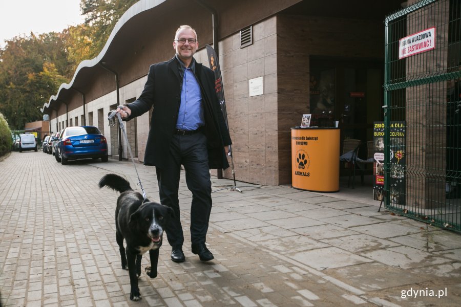 Wiceprezydent Gdyni Michał Guć przeprowadził jednego z czworonogów do nowego boksu // fot. Karol Stańczak