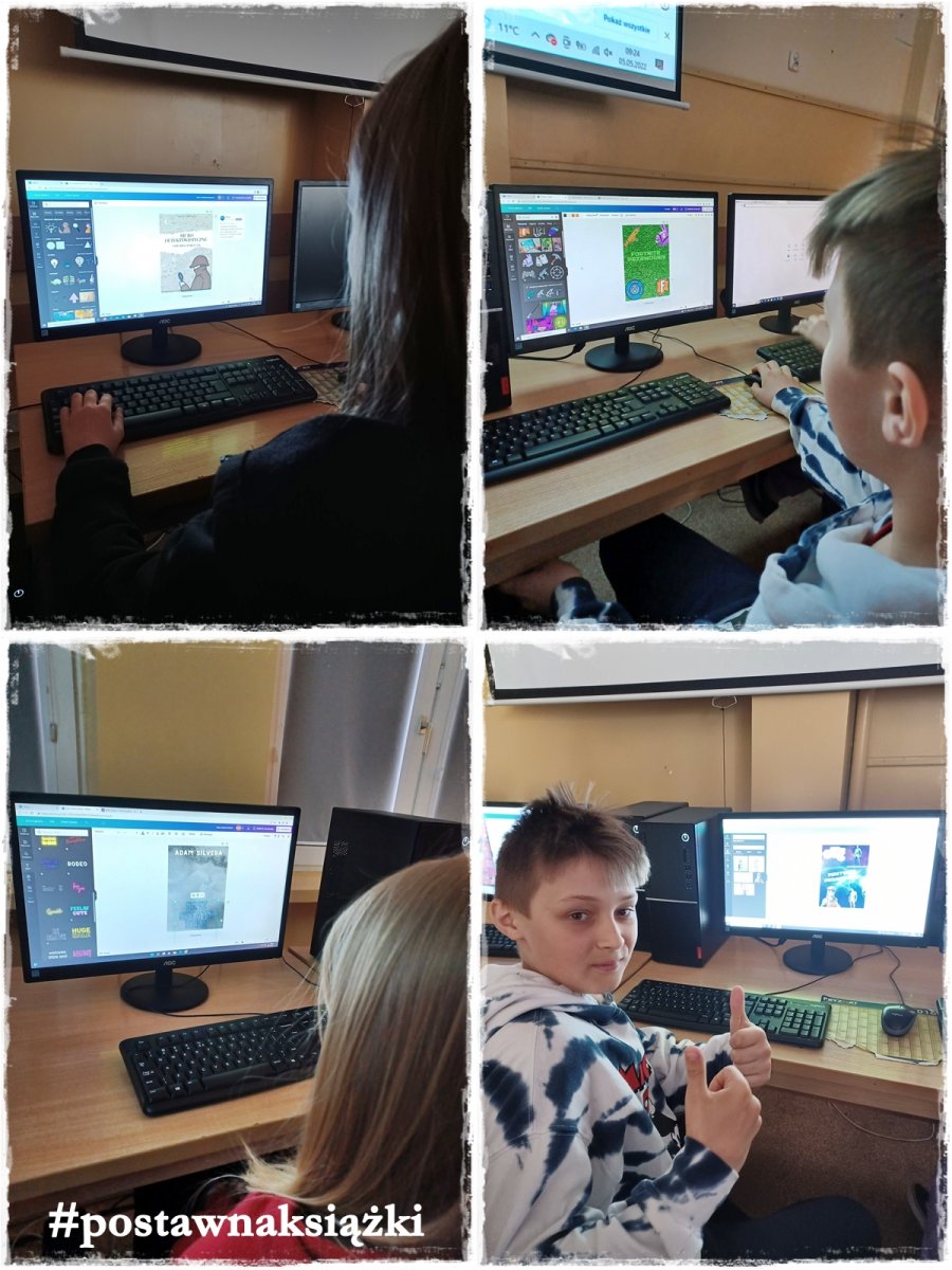 Dzieci przed komputerami projektujący okładkę książki