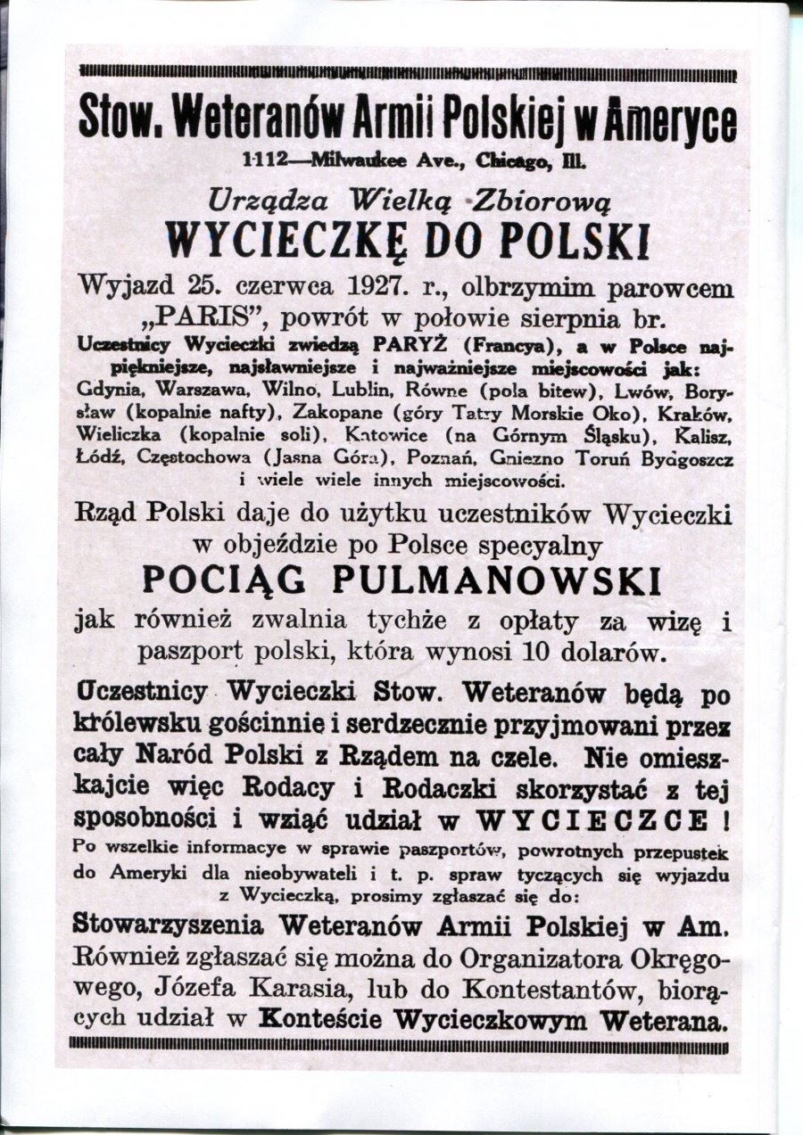 Artykuł zapowiadający wycieczkę Stowarzyszenia Weteranów do Polski