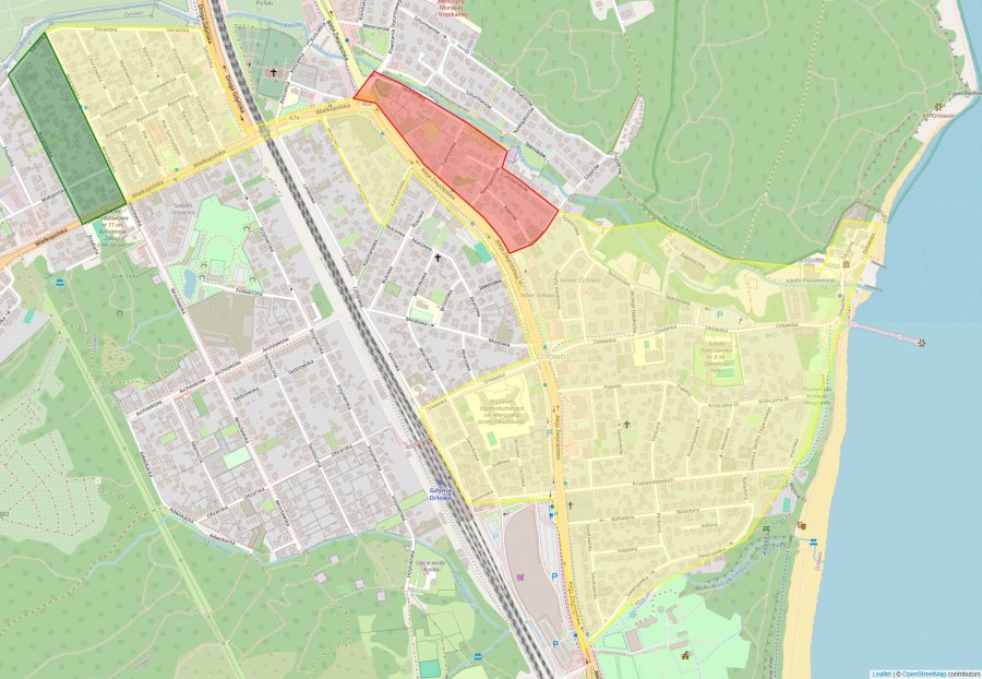 Proponowane zmiany w Strefie Płatnego Parkowania w Gdyni – obszar Orłowa. Na czerwono zaznaczono teren, który ma zostać wyłączony z granic strefy, na żółto – nadal aktualny teren strefy w dzielnicach; na zielono – teren, który ma zostać włączony do granic strefy po zmianach (mat. ZDiZ w Gdyni)