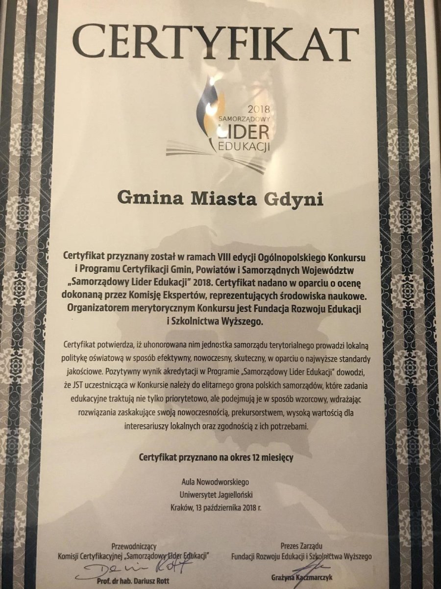 Certyfikat "Samorządowego Lidera Edukacji" dla Gdyni // fot. meteriały prasowe