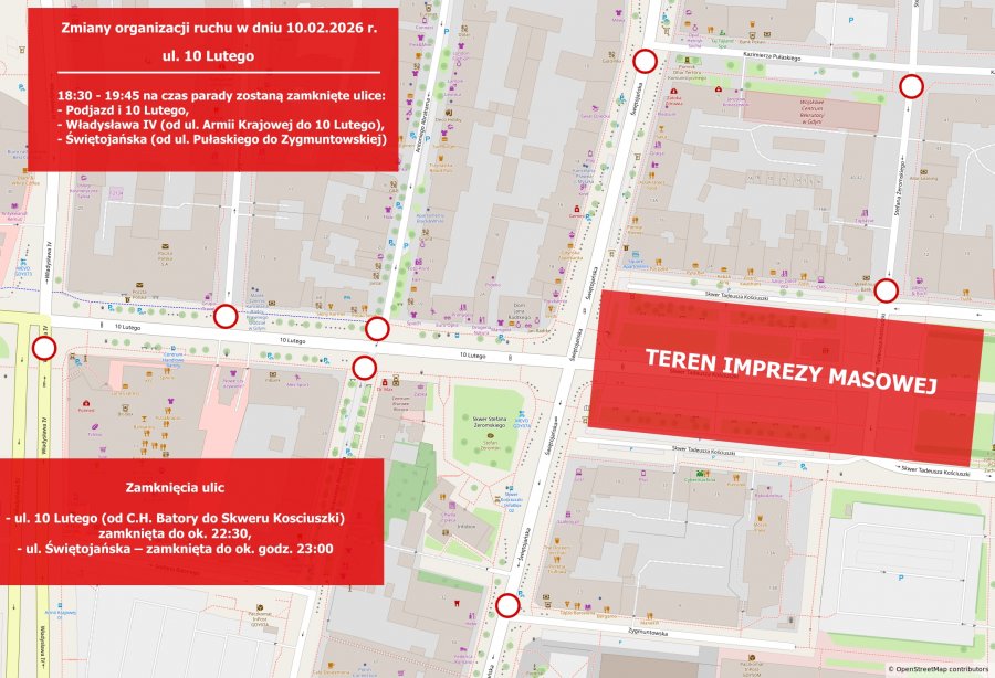 Mapka przedstawiająca zmiany w organizacji ruchu opisane w artykule