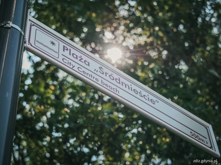 tablica z napisem "plaża śródmieście", na tle drzewa, widoczne promienie słoneczne