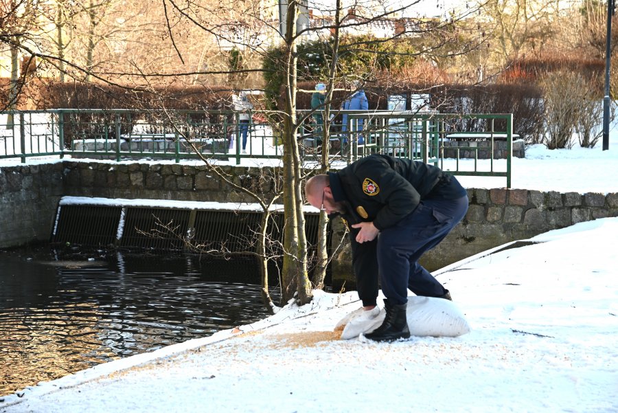 Strażnik w mundurze z workiem nad brzegiem rzeki