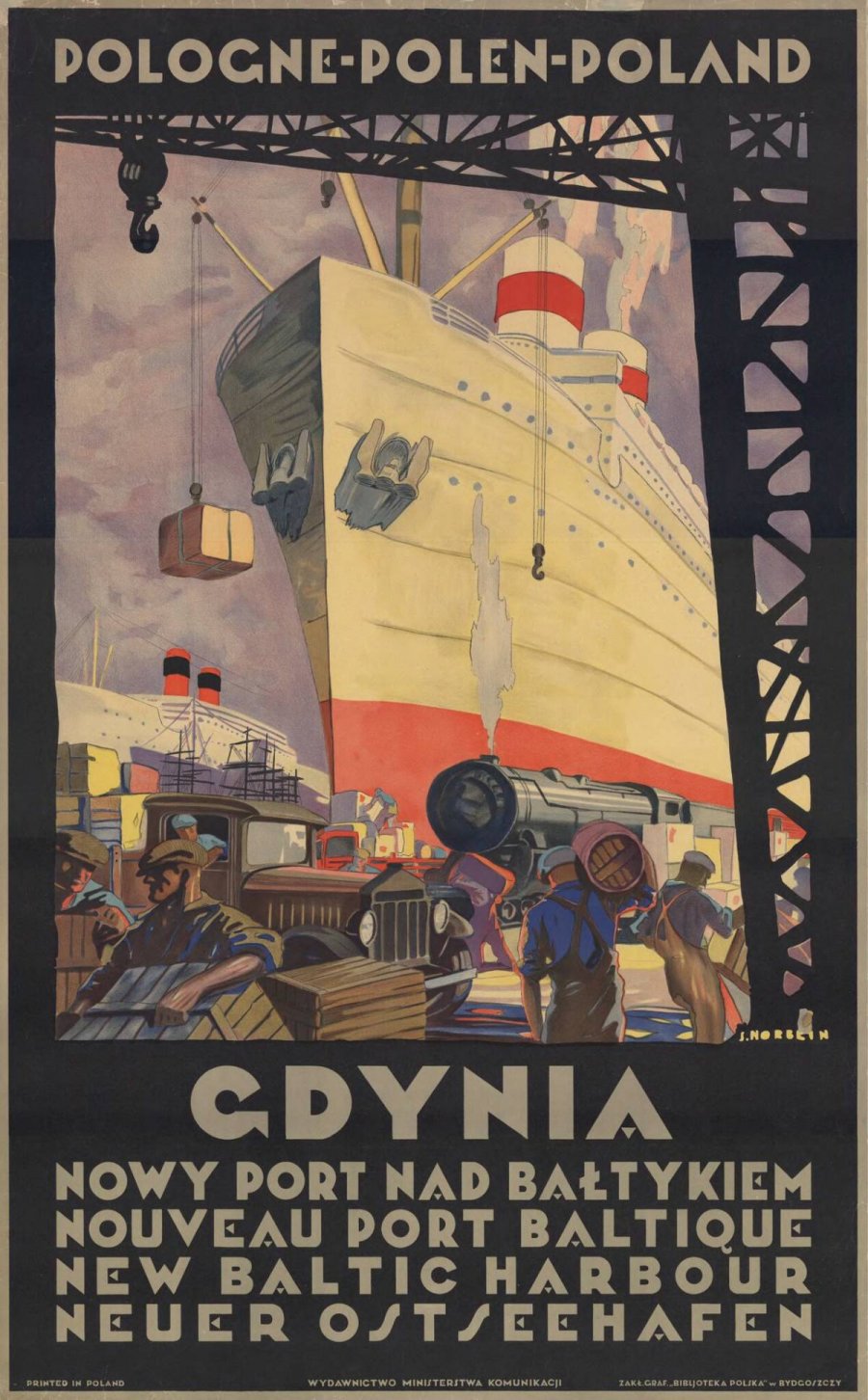 Rysunkowy plakat przedstawiający ładowanie statku w zatłoczonym porcie i zawierający napis "Gdynia nowy port nad Bałtykiem" po polsku, francusku, angielsku i niemiecku
