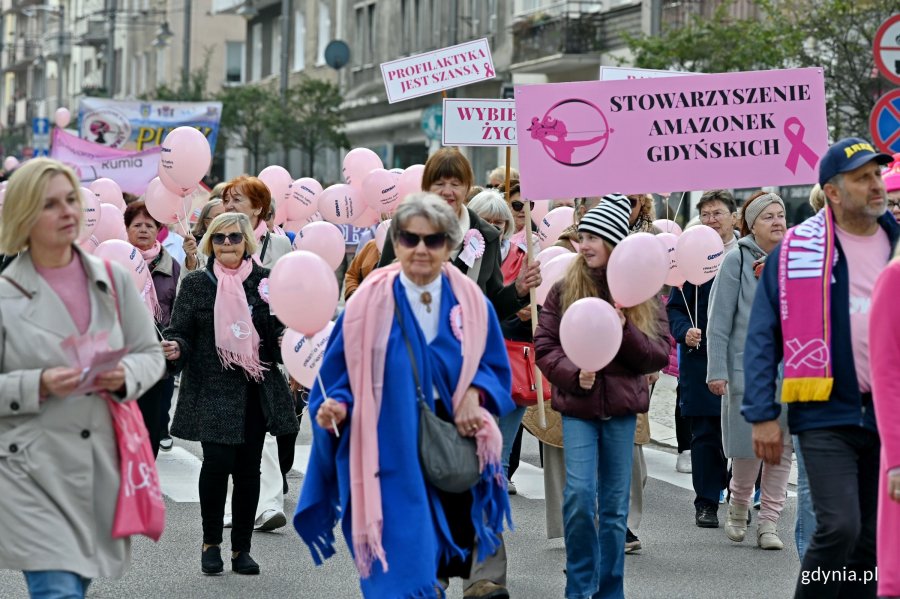 Uczestnicy Marszu R&oacute;żowej Wstążki na ul. Świętojańskiej 