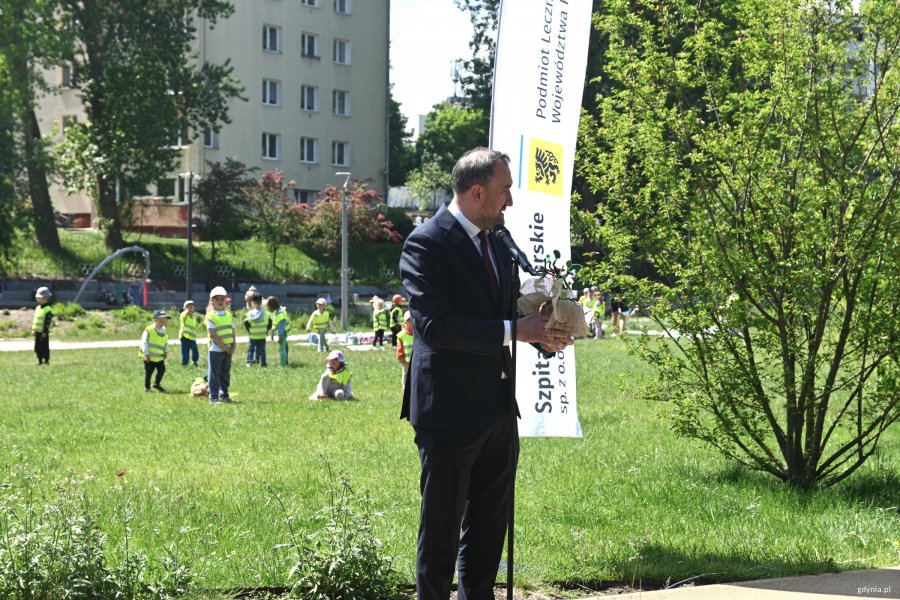Mężczyzna w ciemny garniturze, w ręce trzyma symboliczne drzewko