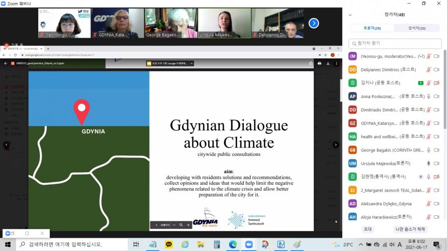 Warsztat online w ramach Sieci Miast Uczących Się UNESCO, współorganizowany przez Gdynię. Prezentacja Gdyńskiego Dialogu o Klimacie prowadzonego przez Laboratorium Innowacji Społecznych // mat Laboratorium Innowacji Społecznych