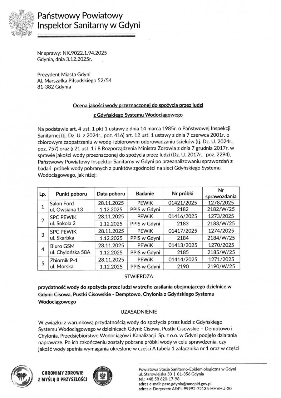 Komunikat z dnia 03.12.2025, wydany przez Państwowego Powiatowego Inspektora Sanitarnego w Gdyni (cz. 1)