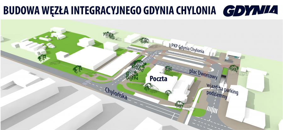 Wizualizacja placu Dworcowego w Chyloni po wybudowaniu węzła integracyjnego, mat. Biuro Projektów Budownictwa Komunalnego, opr.graf.P. Lewinowicz