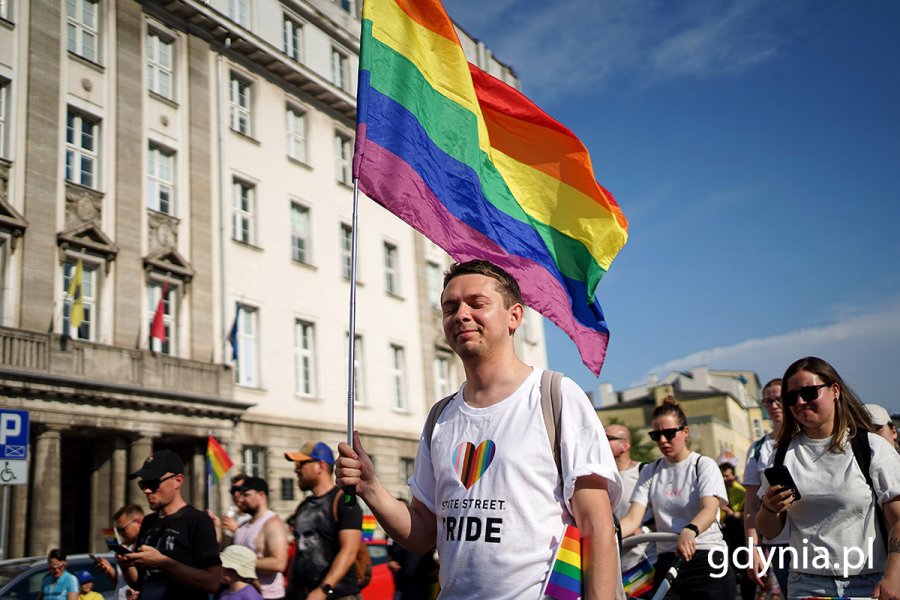 Grupa osób z tęczowymi flagami idąca ulicą