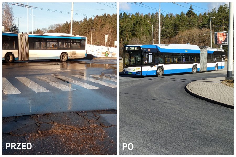 Kolaż zdjęć przedstawiający etapy prac na pętli autobusowej przy dawnym Tesco // fot. ZDiZ