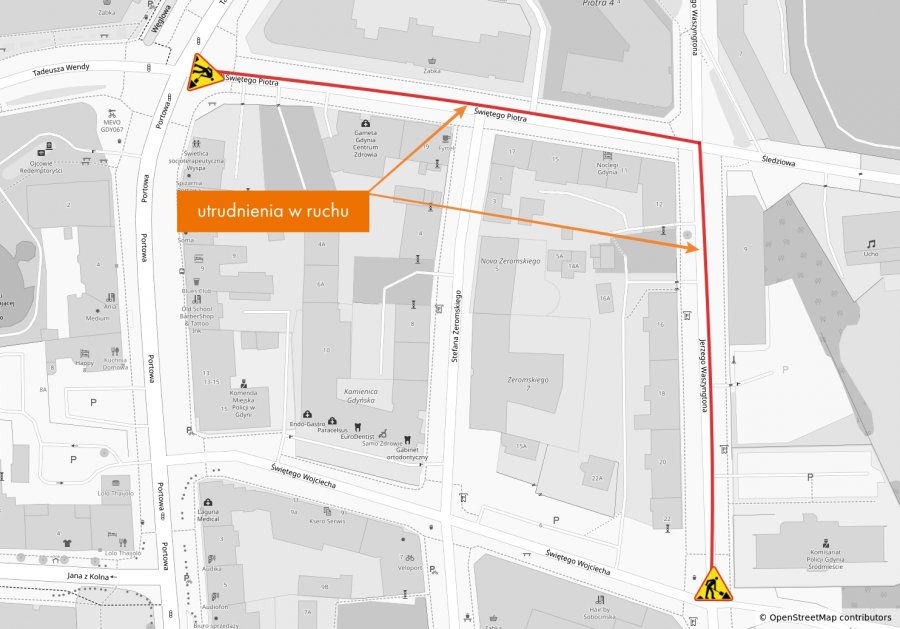 Mapa utrudnień w ruchu na ulicach Waszyngtona i Św. Piotra w Gdyni