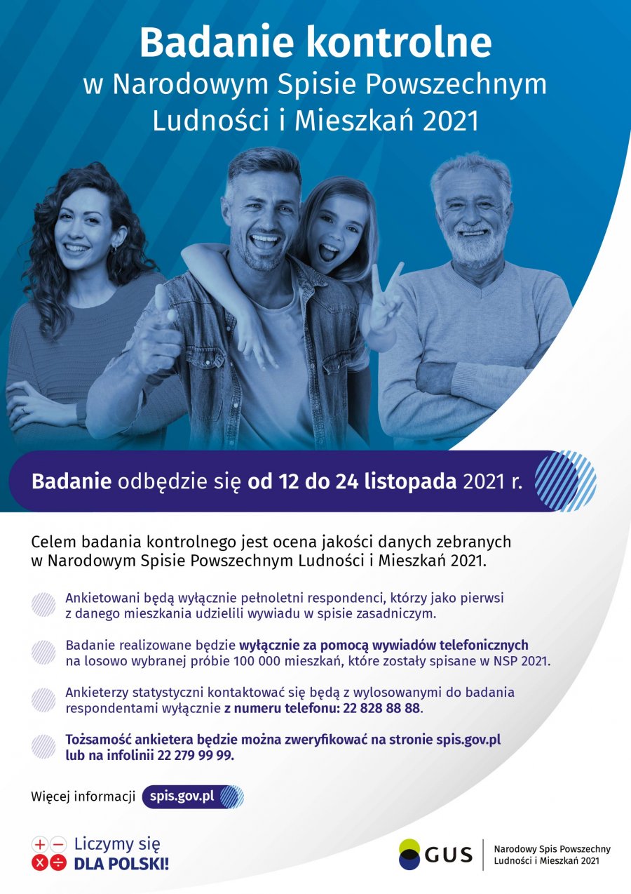 Plakat badania kontrolnego NSP 2021. Na niebieskim tle biały napis informujący o terminie badania kontrolnego oraz jego celach.