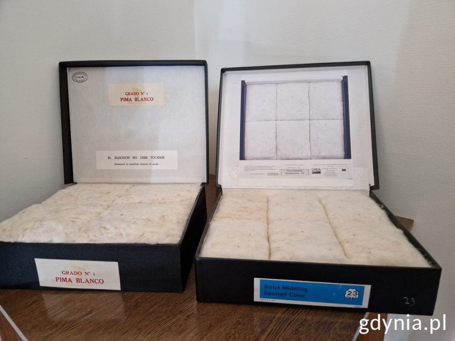 Dwa otwarte pudełka z próbkami bawełny w Izbie Bawełny