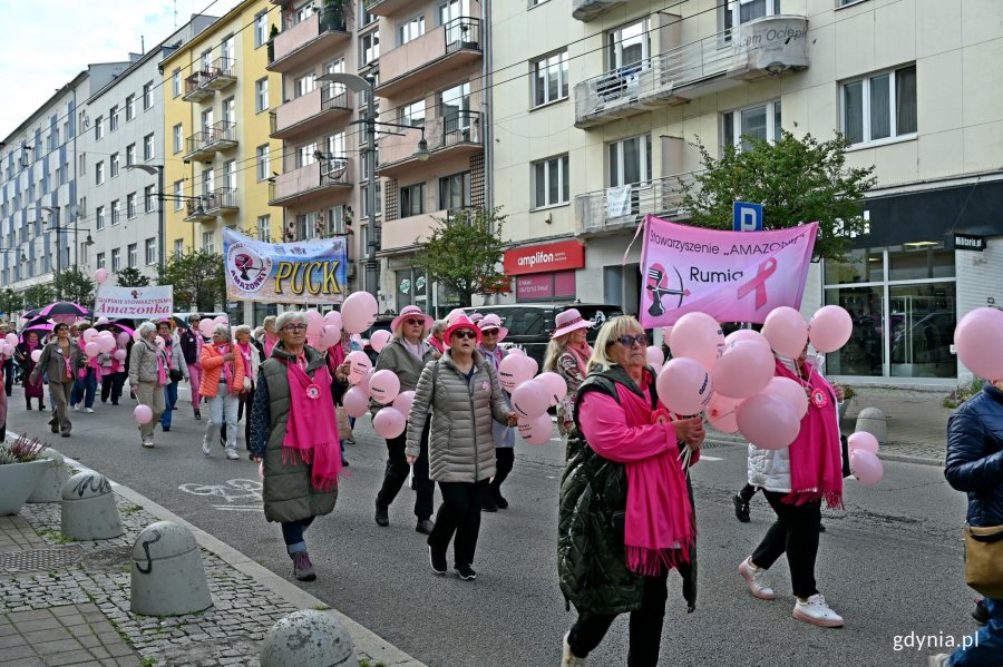 Uczestnicy Marszu R&oacute;żowej Wstążki na ul. Świętojańskiej 