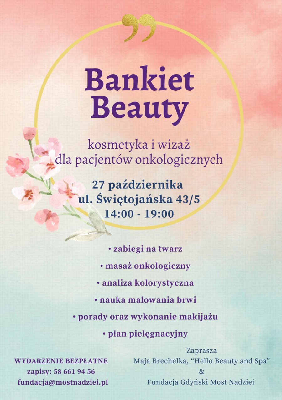Różowo-błękitny plakat z rysunkowymi kwiatami i fioletowymi napisami o treści zgodnej z akapitem o Bankiecie Beauty