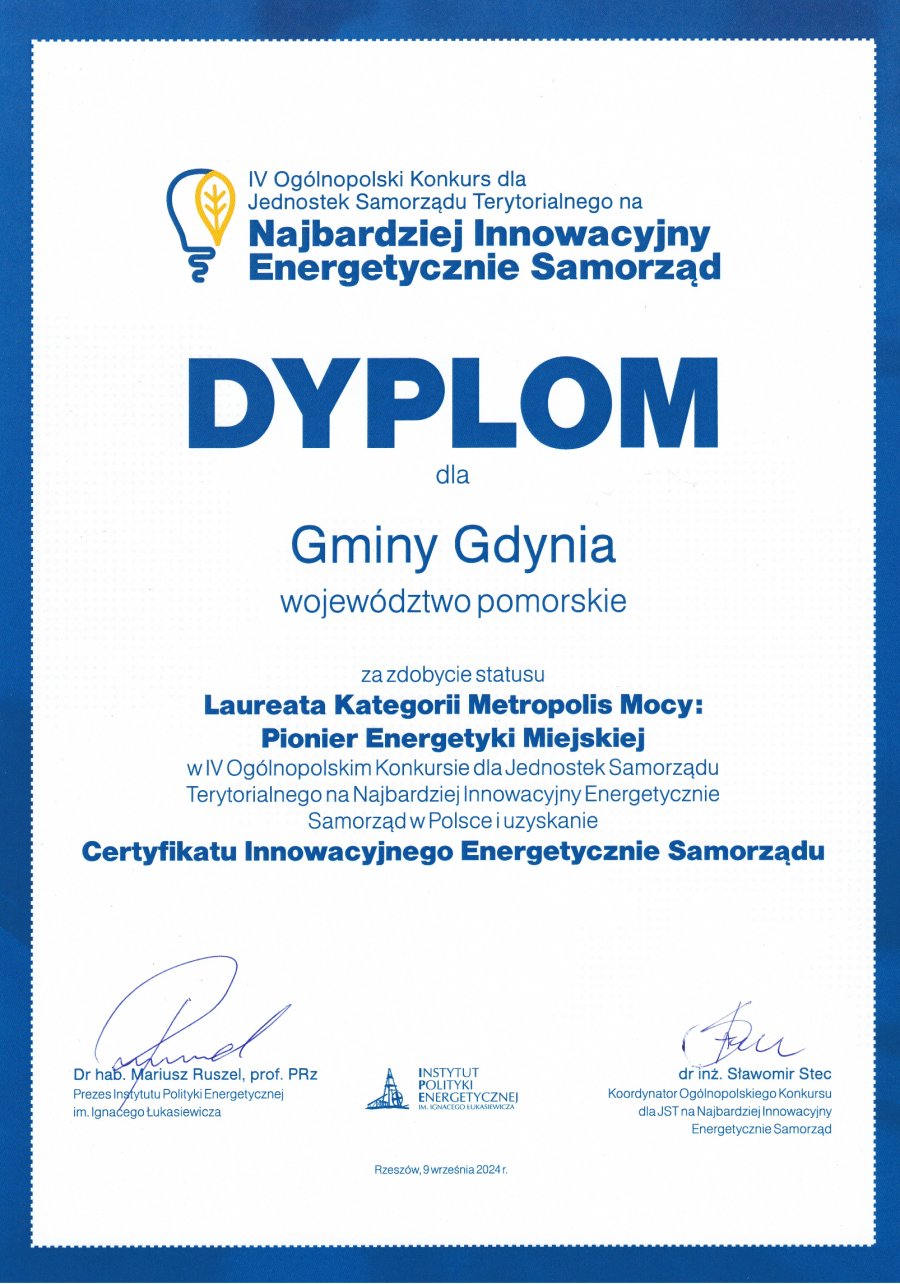 Dyplom dla Gdyni - najbardziej innowacyjnego samorządu w 2024 roku