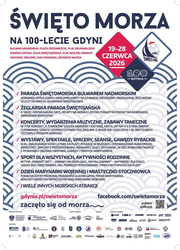 Plakat z zapowiedzią wybranych imprez: Parada Świętojańska, Żeglarska Parada Świętojańska, koncerty, wydarzenia muzyczne, zabawy taneczne, wystawy, spektakle, spacery, seanse, gawędy rybackie, sport dla wszystkich, aktywności rodzinne, Dzień Marynarki Wojennej i Miasteczko Stoczniowca i wiele innych morskich atrakcji 
