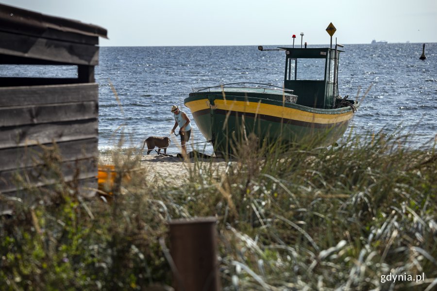 Plaża w Orłowie. Widok przez kępę roślin na kuter rybacki i mężczyznę z psem. Obok drewniana szopa rybacka. Fot, Przemysław Kozłowski
