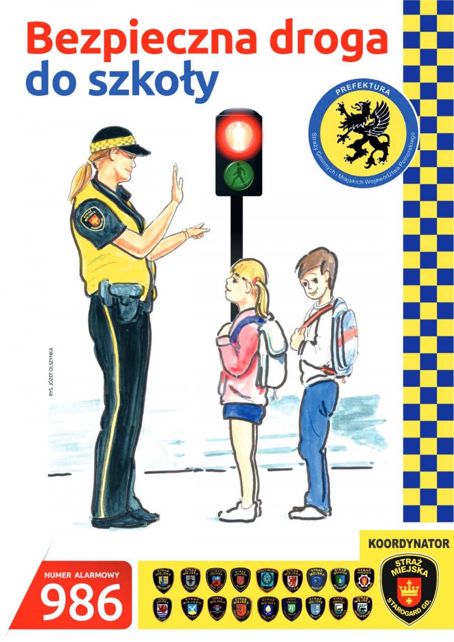 Plakat przedstawiający strażniczkę miejską pouczającą dzieci przy przejściu dla pieszych