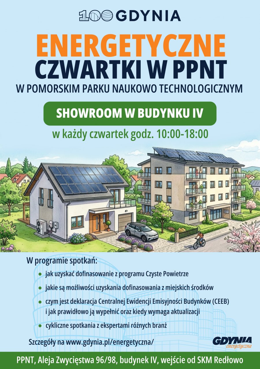 plakat promujący Energetyczne Czwartki w PPNT z informacjami o zakresie udzielanych porad oraz grafiką przedstawiającą dom wolnostojący oraz blok mieszkalny, budynki, kt&oacute;rych właściciele mogą wnioskować o dotację na wymianę systemu ogrzewania.