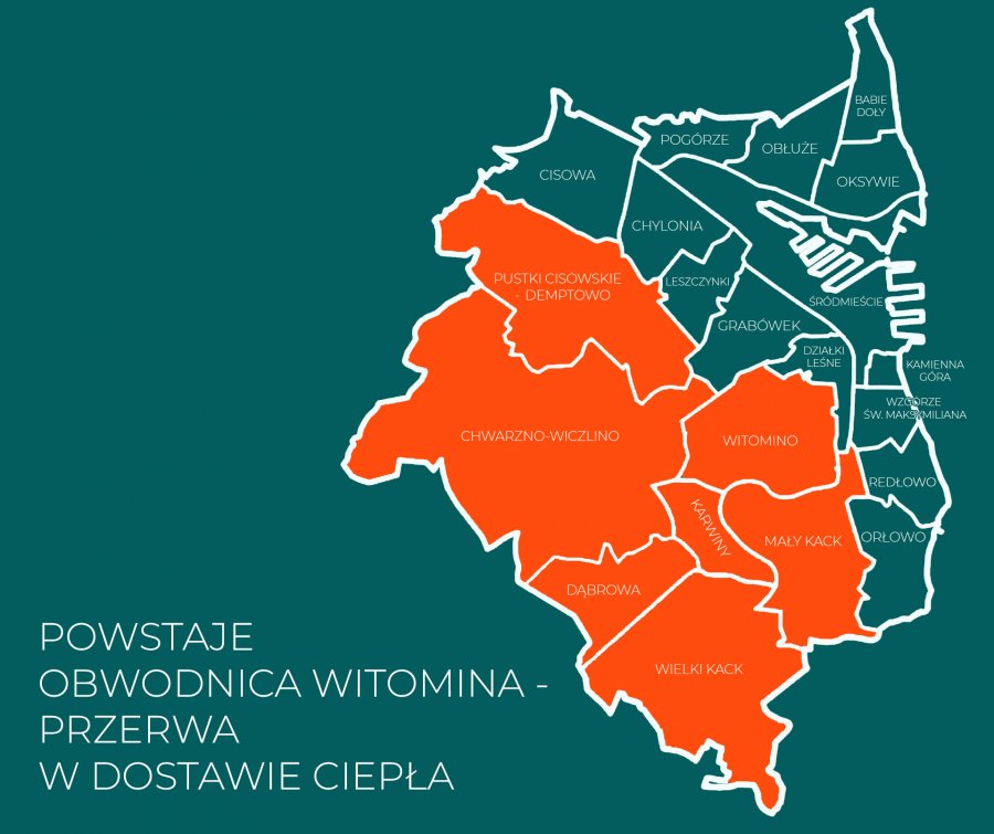 Mapa przedstawiająca obszar objęty utrudnieniami. Zielone tło, białe kontury, na pomarańczowo zaznaczone są dzielnice: Pustki Cisowskie-Demptowo, Witomino, Karwiny, Chwarzno-Wiczlino, Wielki Kack, Mały Kack, Dąbrowa. 