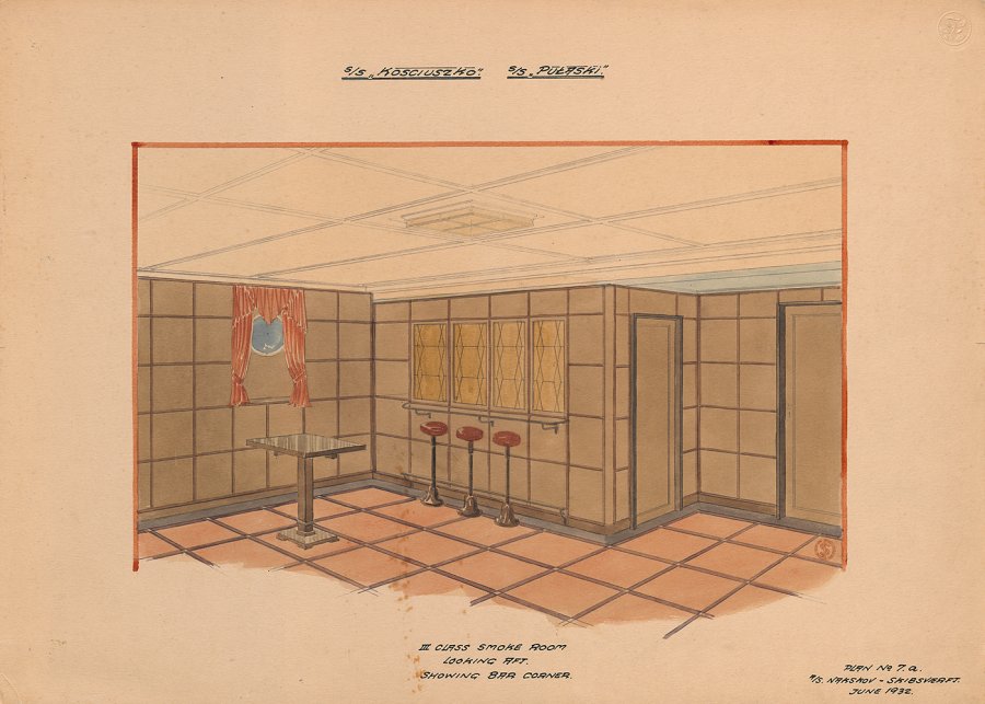 Plan wnętrza na s/s Kościuszko i s/s Pułaski, Palarnia w klasie III., // 1932 r., ze zbiorów Muzeum Miasta Gdyni.