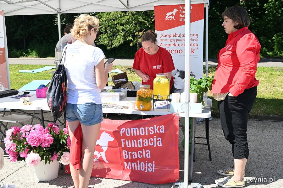 Grupa kobiet przy stoisku Pomorskiej Fundacji Bracia Mniejsi podczas Gdyńskiego Pikniku Pozarządowego na bulwarze Nadmorskim