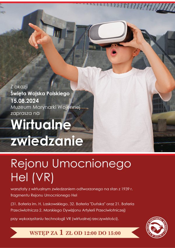 Grafika zapowiadająca Wirtualny spacer w Muzeum Marynarki Wojennej. Chłopiec w białej koszulce podczas korzystania z okularów do VR.