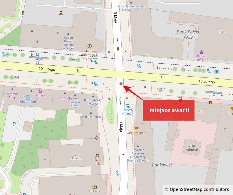 Mapa przedstawiająca utrudnienia na ul. 3 Maja w związku z zapadnięciem nawierzchni