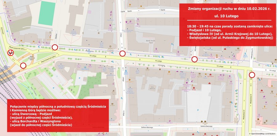 Mapka przedstawiająca zmiany w organizacji ruchu opisane w artykule
