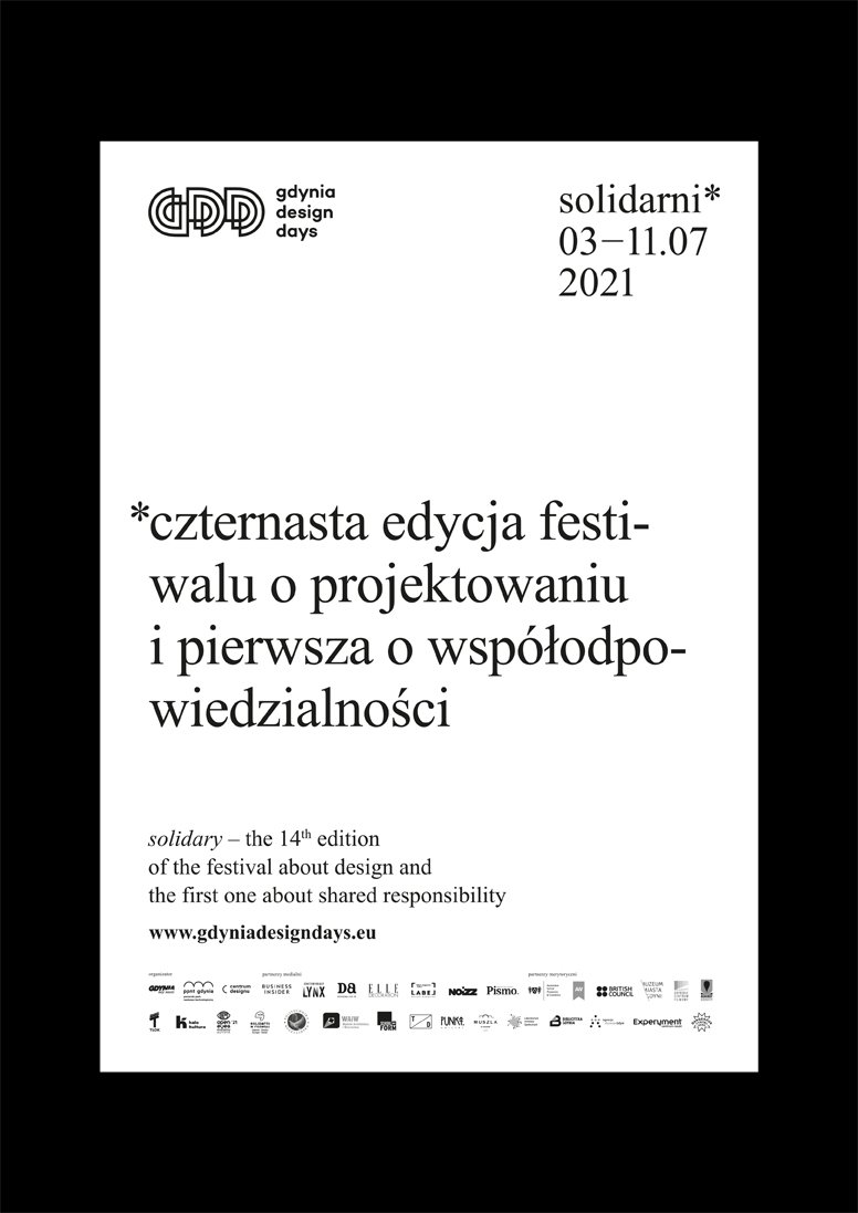 Biały plakat Gdynia Design Days 2021 z czarnymi, prostymi napisami. // materiały Hardziej Studio