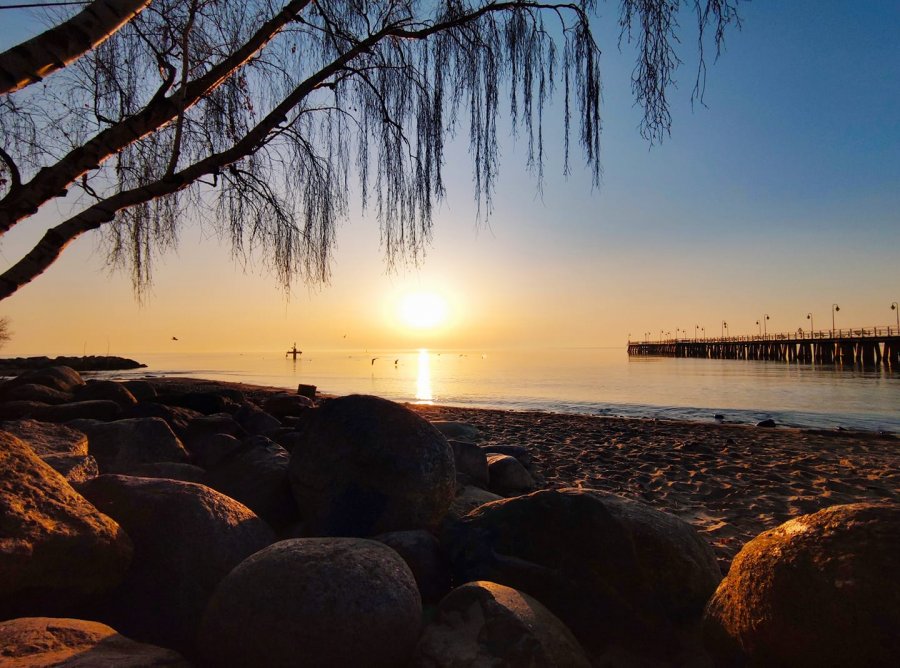 Wschód słońca w Orłowie. Po prawej stronie widać molo, po lewej drzewo nad plażą. Zdjęcie robione jest z plaży, widać piasek oraz morze.