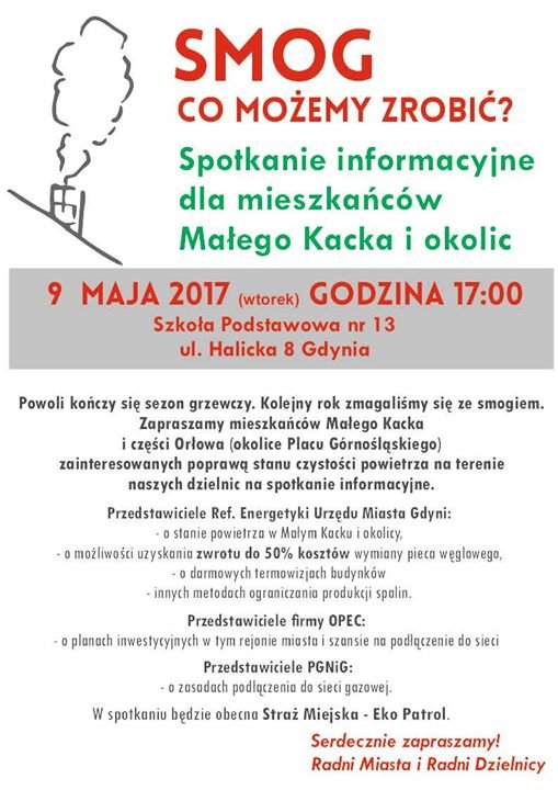 Plakat dotyczący spotkania informacyjnego dla mieszkańców Małego Kacka i okolic