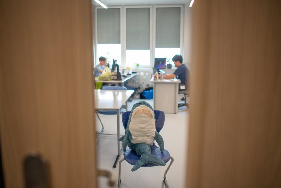 Widok przez wizjer w drzwiach sali lekcyjnej, na pierwszym planie pluszowy rekin na krześle, w tle uczniowie pracujący przy komputerach
