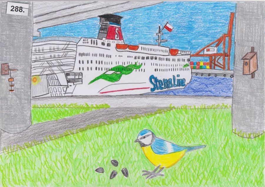 Praca konkursowa przedstawiająca sikorkę i prom Stena Line.