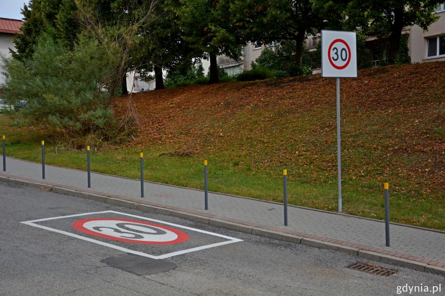 Znak poziomy o treści "strefa tempo 30", obok znak pionowy zakazu o oraniczeniu prędkości do 30 km/h // fot. gdynia.pl
