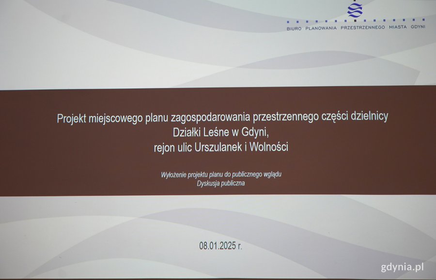 plansza z napisem  projekt miejscowego planu zagospodarowania przestrzennego części dzielnicy Działki Leśne rejon ul. Urszulanek i Wolności