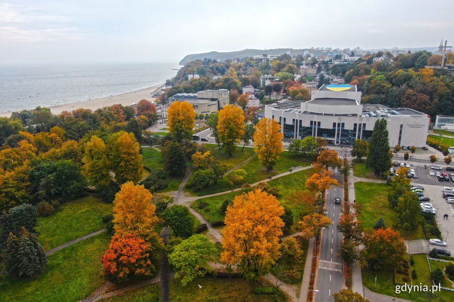 Widok z lotu ptaka na jesienny park Rady Europy. W tle budynek Teatru Muzycznego, plaża, morze i Kamienna Góra // fot. Michał Puszczewicz